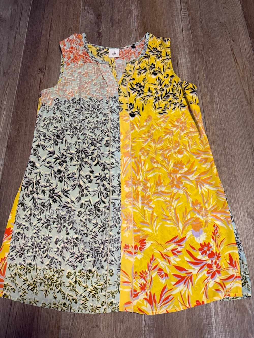 CAbi Women's 5547 Golden Glow floral patchwork sleeveless tunic top.